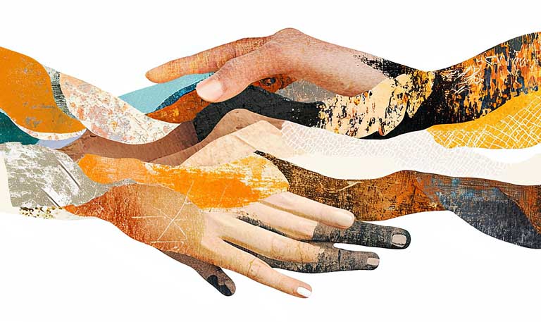 A vibrant and abstract collage of hands reaching toward each other, symbolizing unity and connection