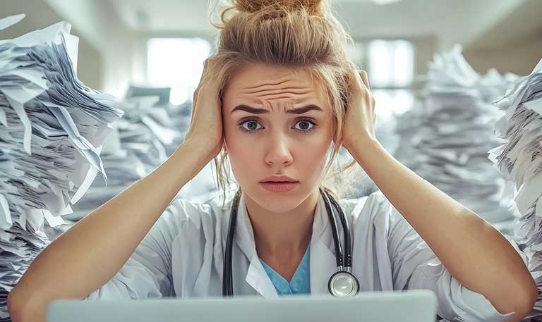 Stressed and overwhelmed young female doctor with stethoscope drowning in paperwork at her desk