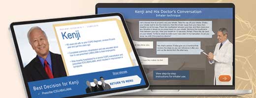 Screenshots of the Bridging Specialties COPD module on a laptop and tablet