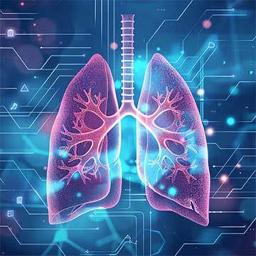 Illustration of human lungs with technology symbols around it