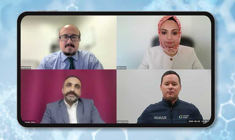 Diego J. Maselli Caceres, MD, FCCP, Maria Azhar, MD, FCCP, Farrukh Abbas, MD, FCCP, and Stephen Doyle, DO, MBA, FCCP, on a call.