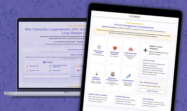 PH-ILD: Screening, Detection, and Care Considerations infographic displayed on a laptop and tablet screen